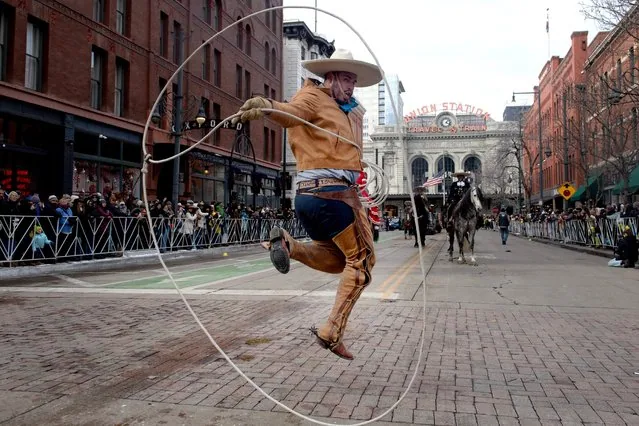 Mexican vaquero jumps through lasso at National Western Stock Show Kick-off Parade in Denver Colorado