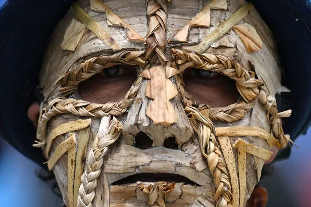 Carnival participant in elaborate costume at Blacks and Whites parade in Pasto Colombia January 2025