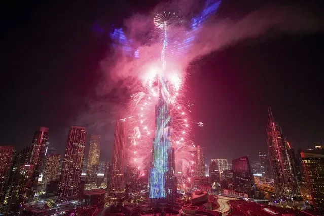 Fireworks exploding around Burj Khalifa during Dubai New Year celebration 2025