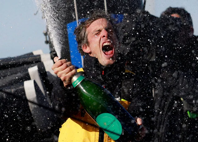 Charlie Dalin celebrates winning Vendee Globe sailing race Les Sables-d'Olonne France January 2025