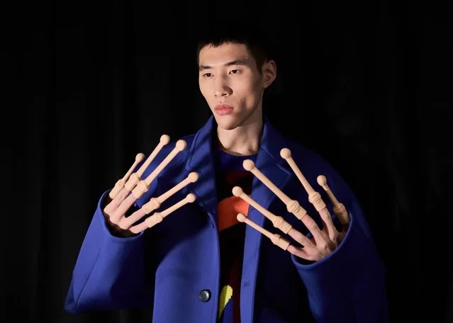Model posing backstage at Walter Van Beirendonck menswear show Paris Fashion Week 2025