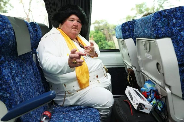 Elvis impersonator Shaun Wright poses en route to Parkes Elvis Festival Sydney