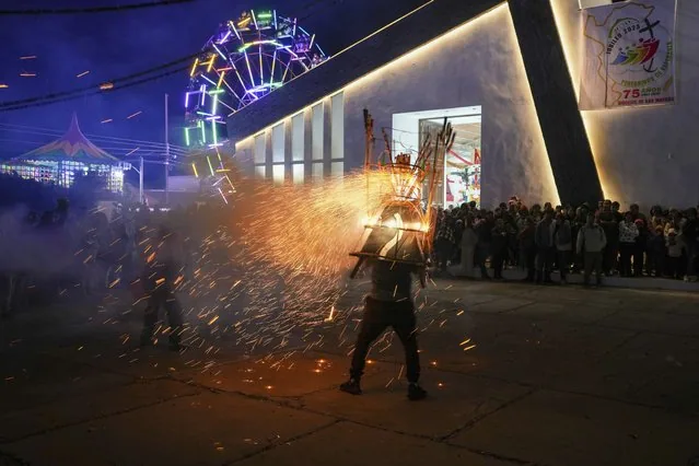 Man wears torito fireworks Black Christ of Esquipulas celebration Guatemala January 2025