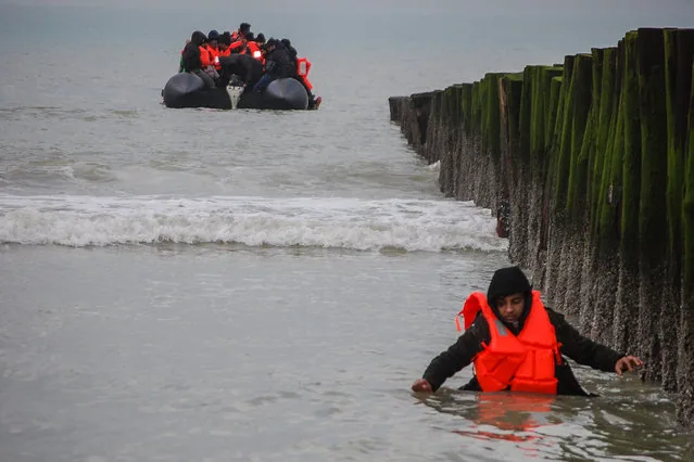 Migrant returns to shore at Sangatte beach near Calais France January 2025
