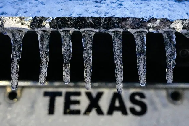 Icicles hang from vehicle during winter storm in Galveston Texas January 2025