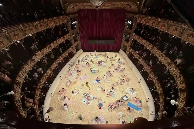Actors performing Sun and Sea opera rehearsal at Colon Theatre Bogota Colombia March 2025
