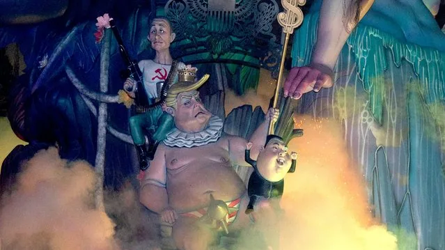 Ninots of Kim Jong Un Trump and Putin burning at Valencia Fallas Festival March 2025
