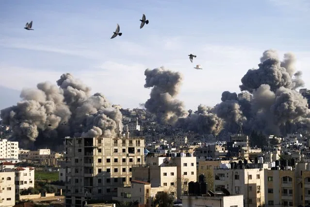 Smoke rises over Jenin refugee camp after Israeli army explosion in West Bank