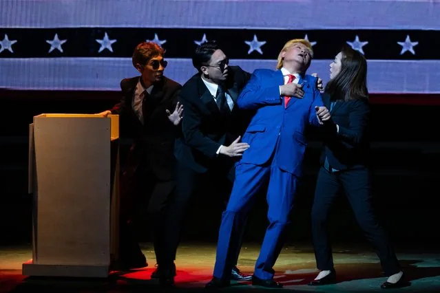 Actor Loong Koon Tin dressed as Donald Trump on stage in Hong Kong Cantonese opera