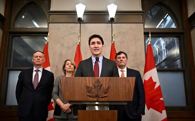 Justin Trudeau addresses press after Trump imposes tariffs on Canada February 2025