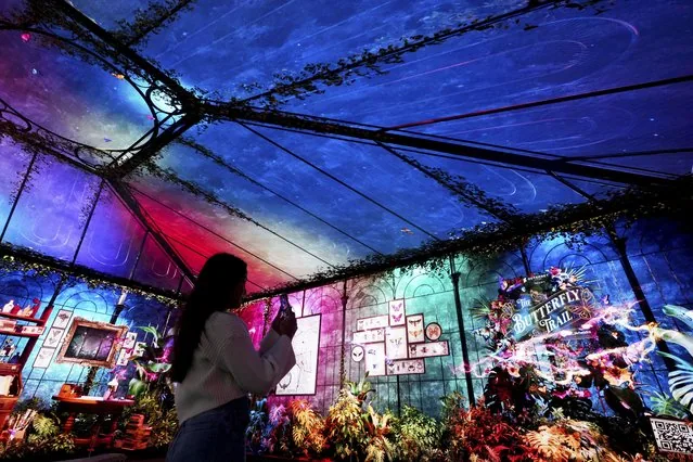 Visitor photographing giant Ultra HD screens at Outernet London February 2025