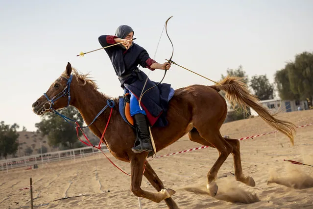 Maymunah Rodrigues fires arrow at ground target during Mamluk Games 2025 Umm Al Quwain